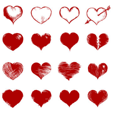 vector set of red sketch hearts
