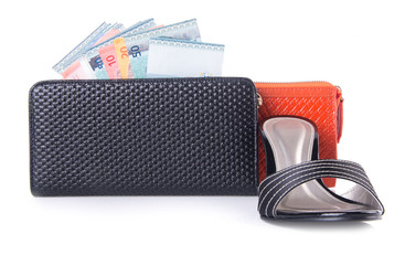 wallet. woman wallet with money on a background