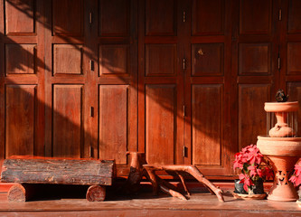 Thai style vintage wooden door with terrace in Chaingkhan, Thail