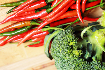 Broccoli, fresh vegetables and fresh chili