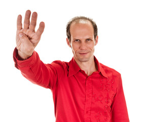 young man shows sign and symbol by hands on white background