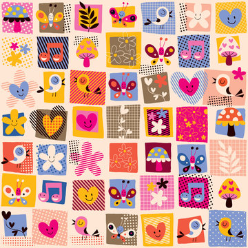 cute flowers, birds & hearts pattern