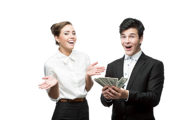 young happy business people holding money