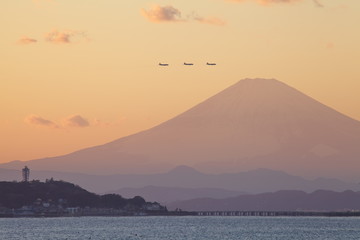 Mountain Fuji at sunset time from Sagami bay , Kamakura city