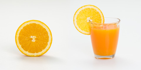 Orange juice and slice on white background