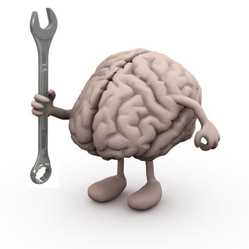 human brain with arms and legs and wrench on hand,