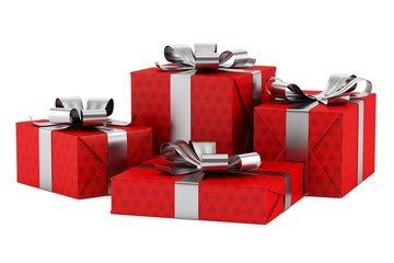 red gift boxes with silver ribbons isolated on white background