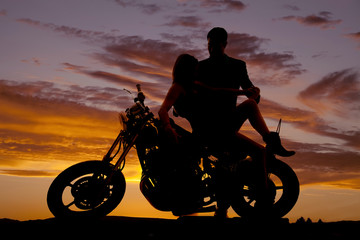 Plakat couple on motorcycle her lean back him hold