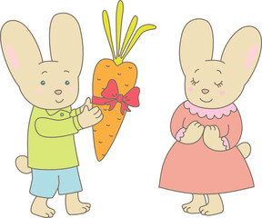 Valentine's day. Rabbits with carrot
