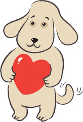 Dog holds in paws gift-heart for Valentine's Day