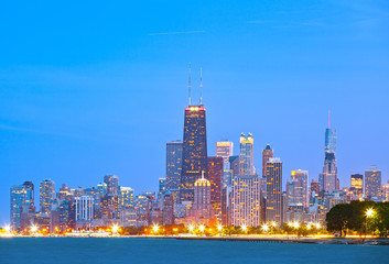 Colorful buildings in downtown Chicago during sunset