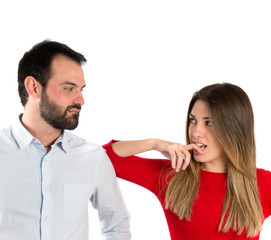 Girl seducing a man over white background