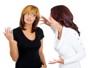  portrait of two angry mad woman fighting complaining each other
