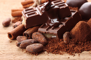 Composition of chocolate sweets, cocoa and  spices