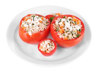 Stuffed tomatoes on plate isolated on white
