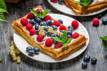 Closeup of fresh berry fruit on waffels