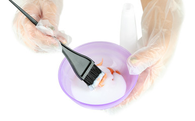 Naklejka premium Female hand in gloves dips with brush for hair coloring,