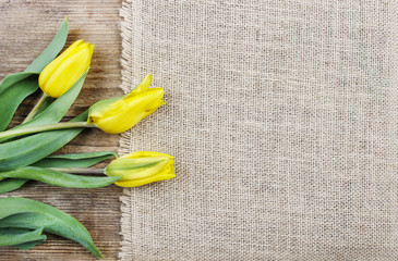 Beautiful yellow tulips on wooden background. Top view