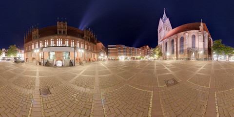 Hannover Marktplatz. Night 360 degree panoramic composition.
