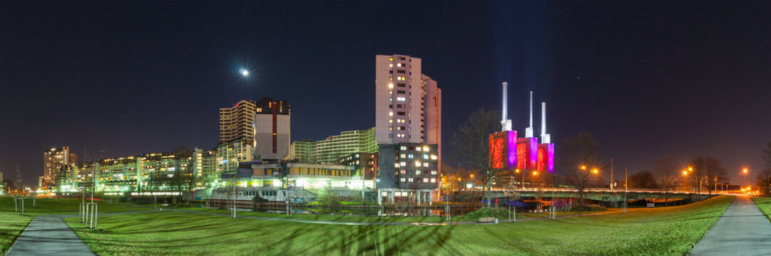 Hannover district Linden-Limmer at night. 180 degree panoramia.