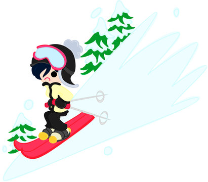 スキーで勢いよく滑る女性。