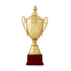 Golden shiny cup, reward for the winner, on white
