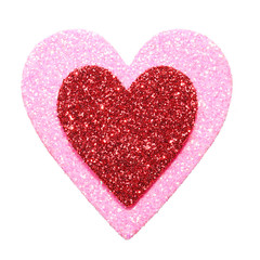 Glitter Red and Pink Hearts isolated on white. Macro.