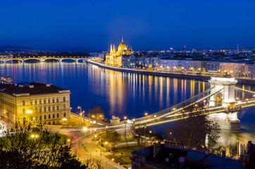 Budapest, night view on Danube, Parliament and Chain Bridge