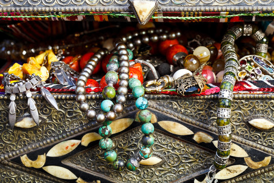 antique jewelry in ancient treasure chest