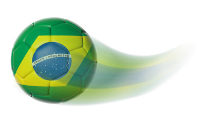 Soccer ball with Brazil flag in motion isolated