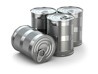 Food tin cans on white isolated background.