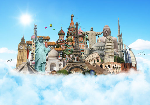 Travel the world monuments clouds concept