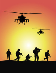 Fototapeta na wymiar Soldiers and military helicopters, sunset, vector