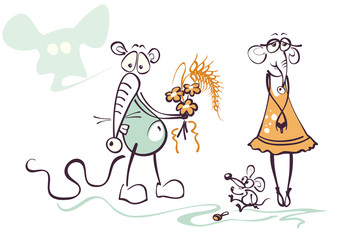 Mouse giving flowers and wheatear to his sugar baby