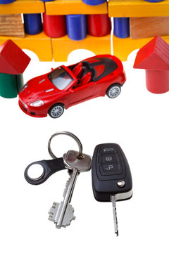 Door, Vehicle Keys, Red Car Model And Block House