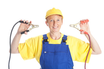 female mechanic with jump lead