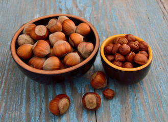 Kernels of hazelnuts and in a shell.