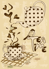 Fototapety  Zaproszenie na herbatę z czajnikiem i filiżanką