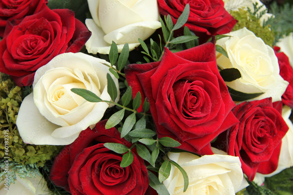 Wall mural red and white roses in a bridal bouquet