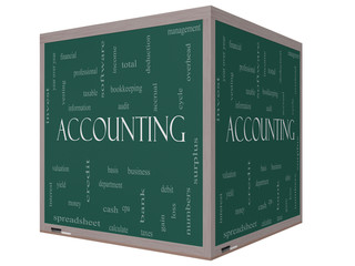 Accounting 3D Cube Word Cloud Concept on a Blackboard