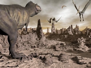 Tyrannosaurus running to pteranodons - 3D render © Elenarts