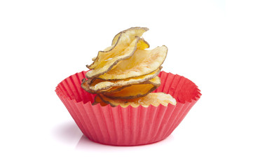 Stack of potato chips on a white background