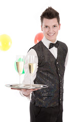 Ober isoliert mit zwei Gläser Champagner zum Karneval