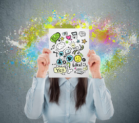 Woman hiding her face behind sign with online services. Online m