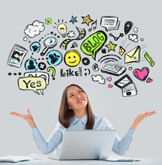 Online life concept. Business Woman looking upwards while workin