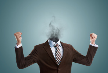 Overworked burnout business man standing headless with smoke ins - obrazy, fototapety, plakaty