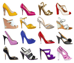 collection of women's shoes isolated on white