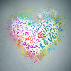 Creative valentine grunge background. Graffiti heart splatter on