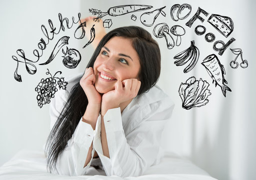 Young Pretty Woman Thinking Of Healthy Food Closeup Face Portrai