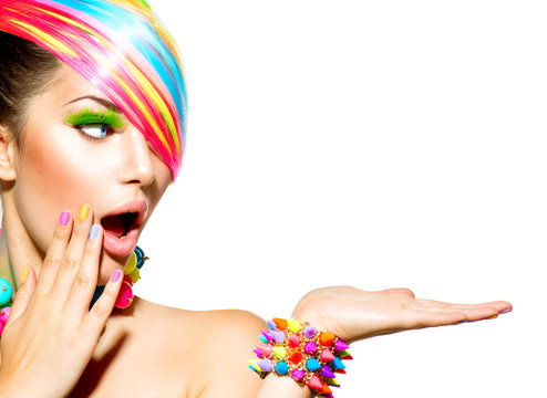 Fototapeta Beauty Woman with Colorful Makeup, Hair, Nails and Accessories